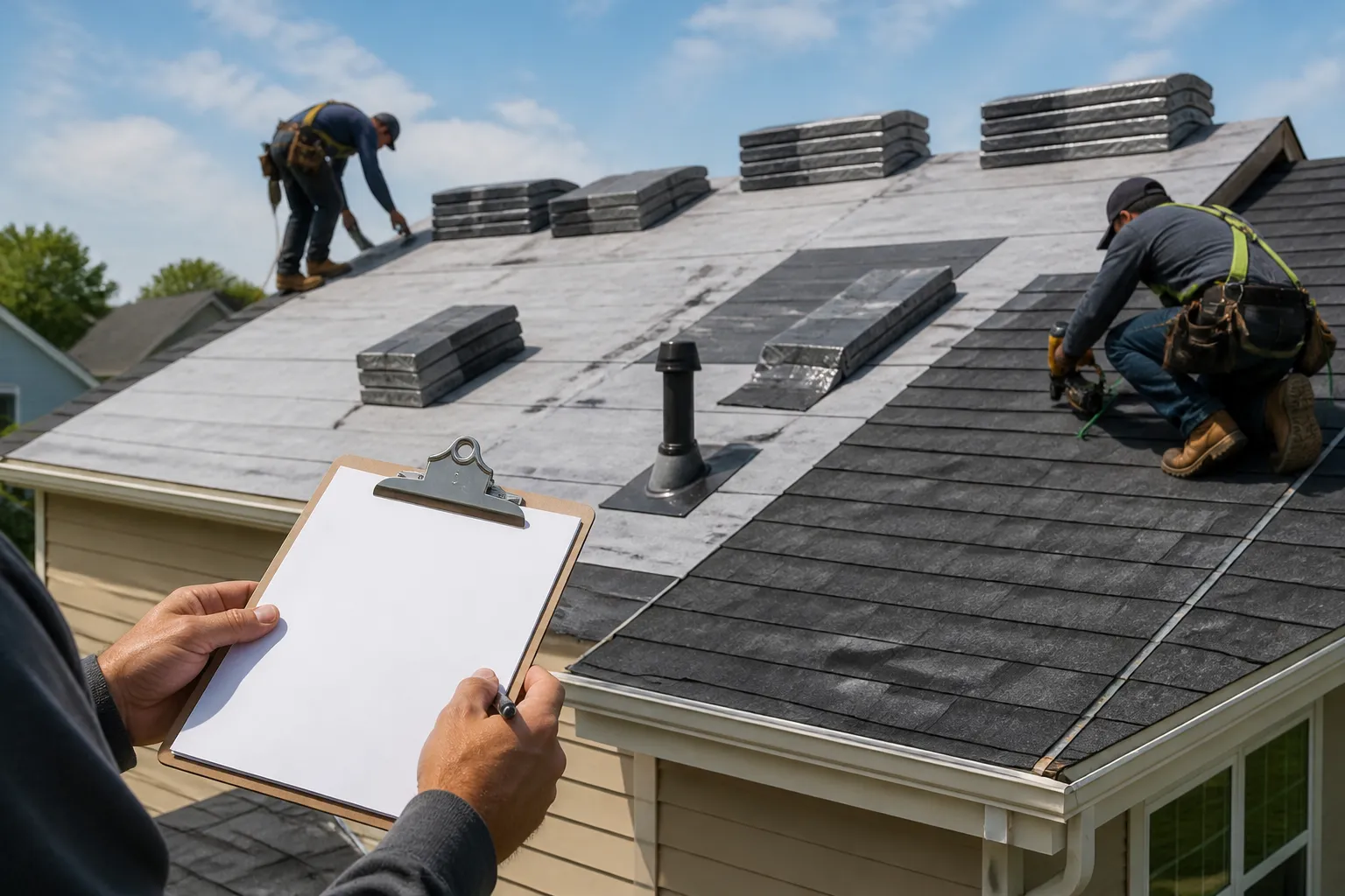 Roofing materials and estimate paperwork prepared for review.