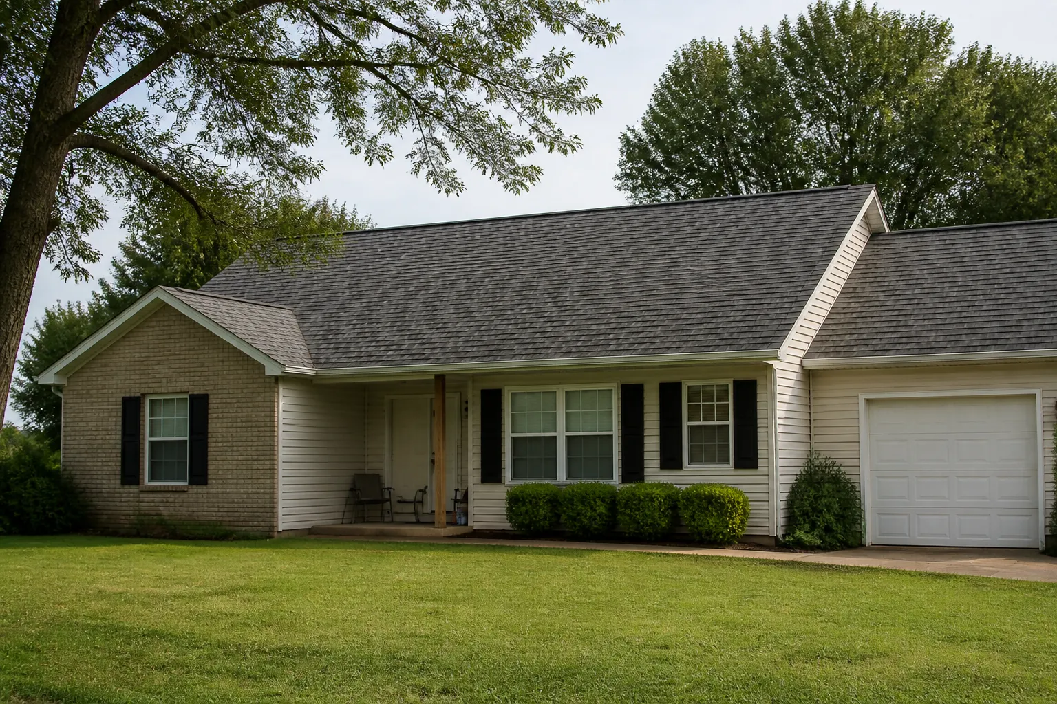 A one-story Arkansas home with a medium-tone shingle roof viewed from the yard in Trumann