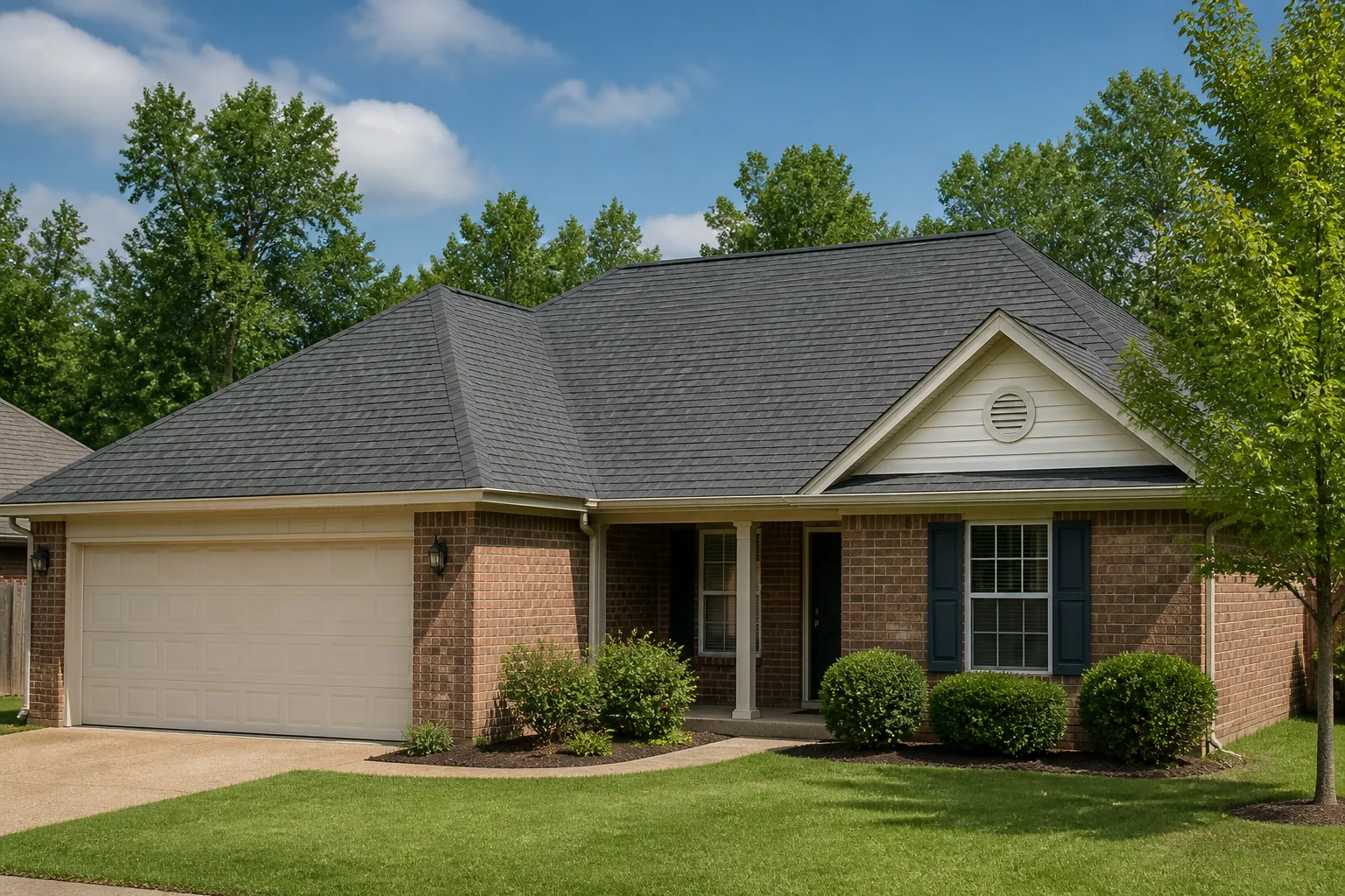 An Arkansas home with a dark shingle roof viewed from the yard in Wynne