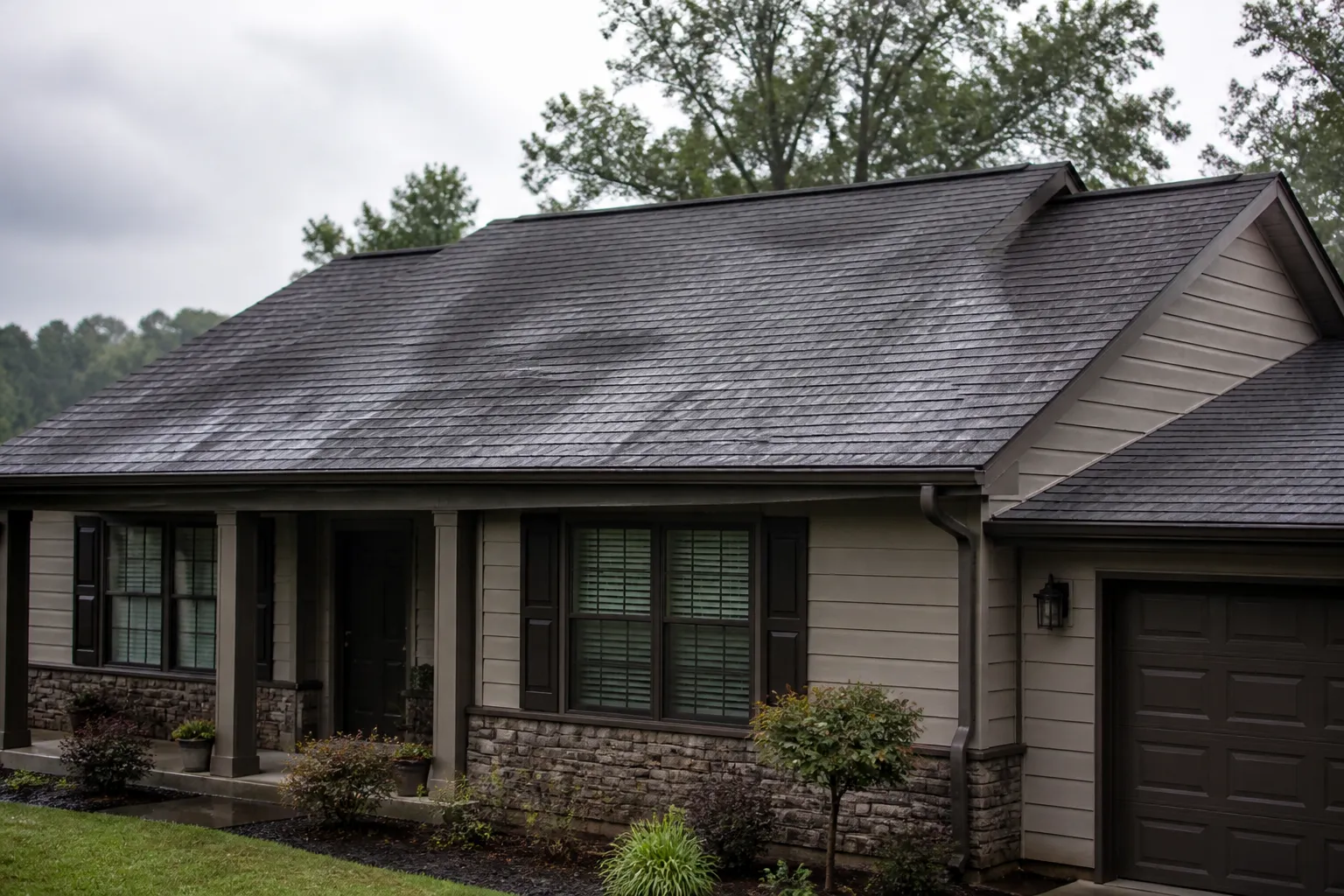House with a dark shingle roof viewed from the front in soft daylight