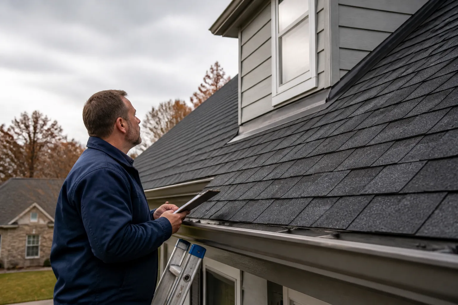 Roofing professional visually assessing asphalt shingles on a residential roof
