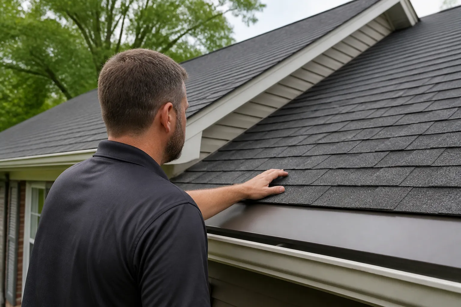 Roofing professional inspecting shingles and flashing on a Sherwood, Arkansas home.