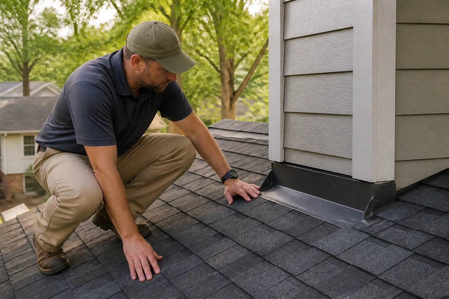 Roof inspection of dark asphalt shingles and flashing on a tree-lined home in natural daylight.