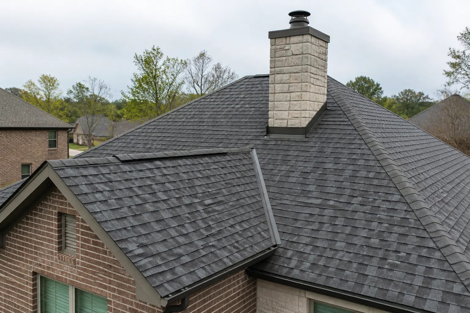 Gray shingle roof with a valley and chimney flashing on an Arkansas residence.
