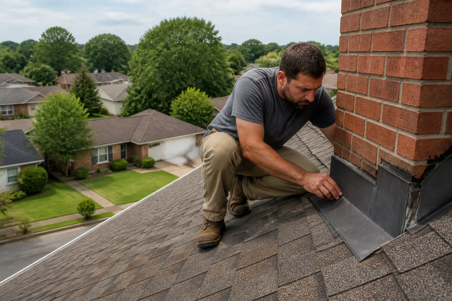 Roofing professional inspecting flashing on a brick home in Texarkana, Arkansas.