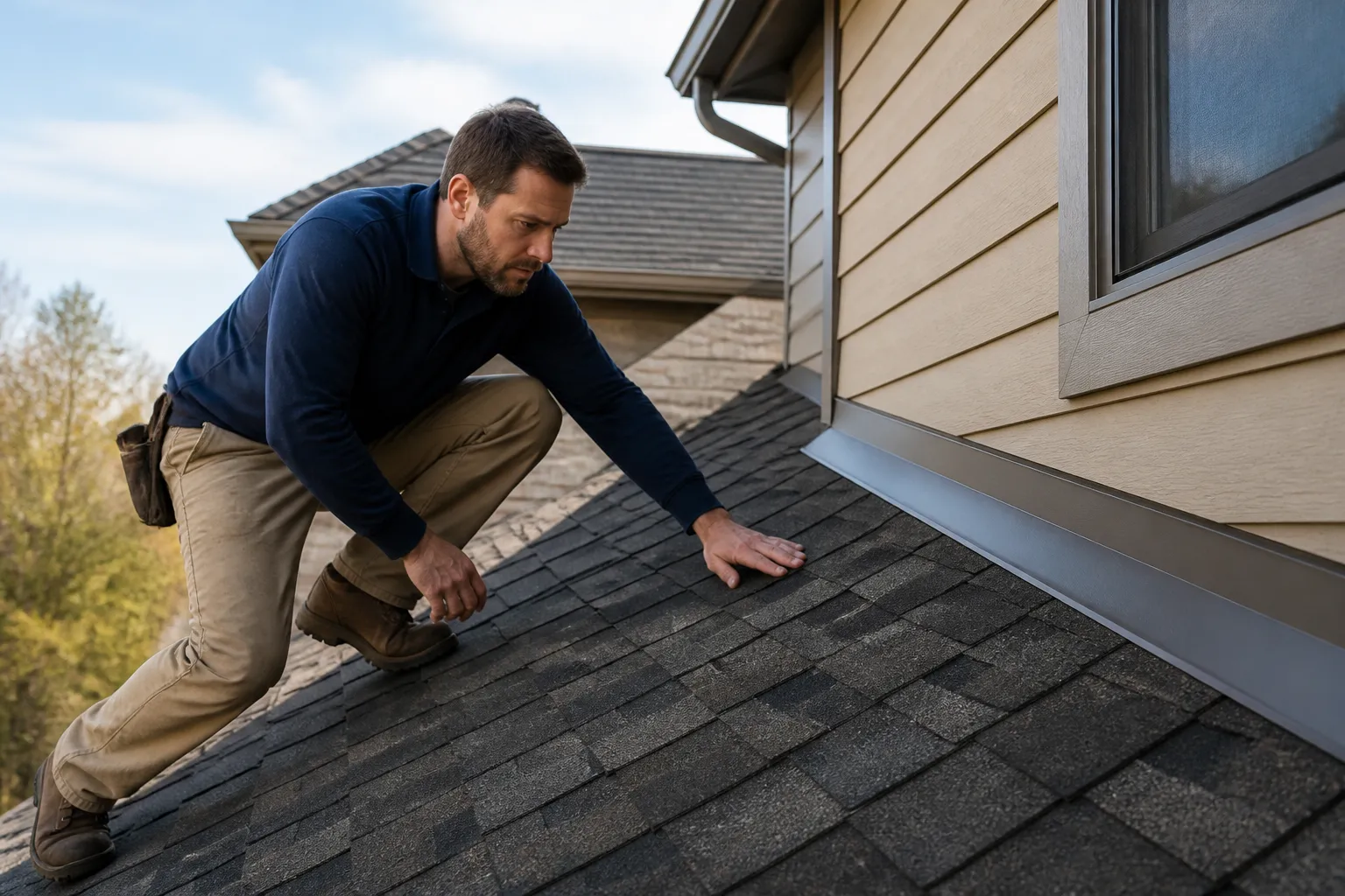 Roofer inspecting asphalt shingles and flashing on a home roof