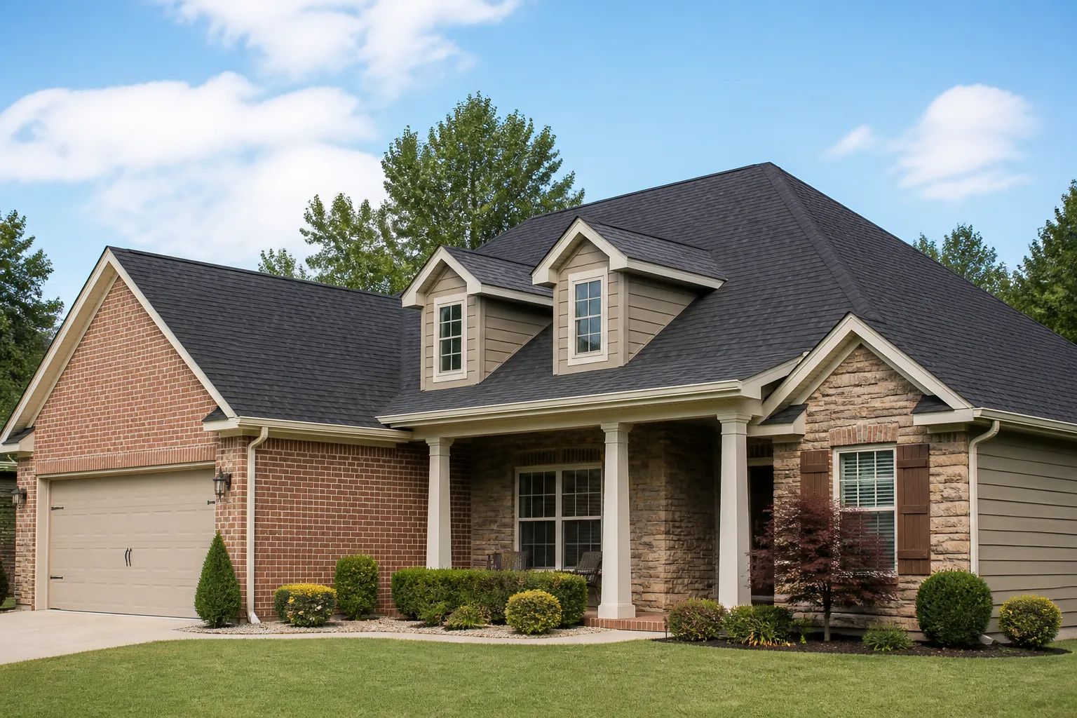 Arkansas home with a dark asphalt-shingle roof, visible ridge, eaves, and roof-to-wall transitions.