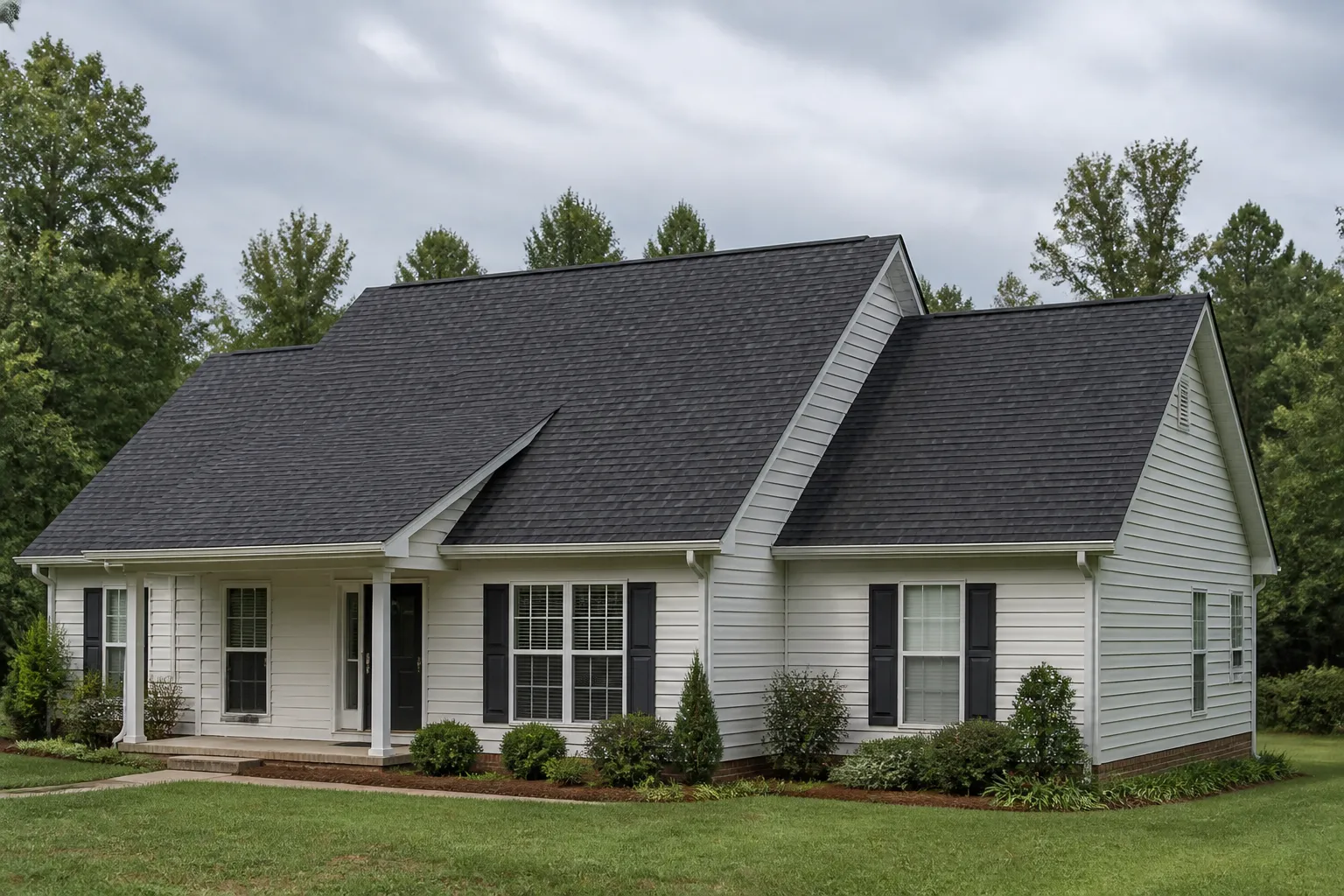 Dark asphalt shingle roof on a detached home in Warren, Arkansas, framed by distant trees.