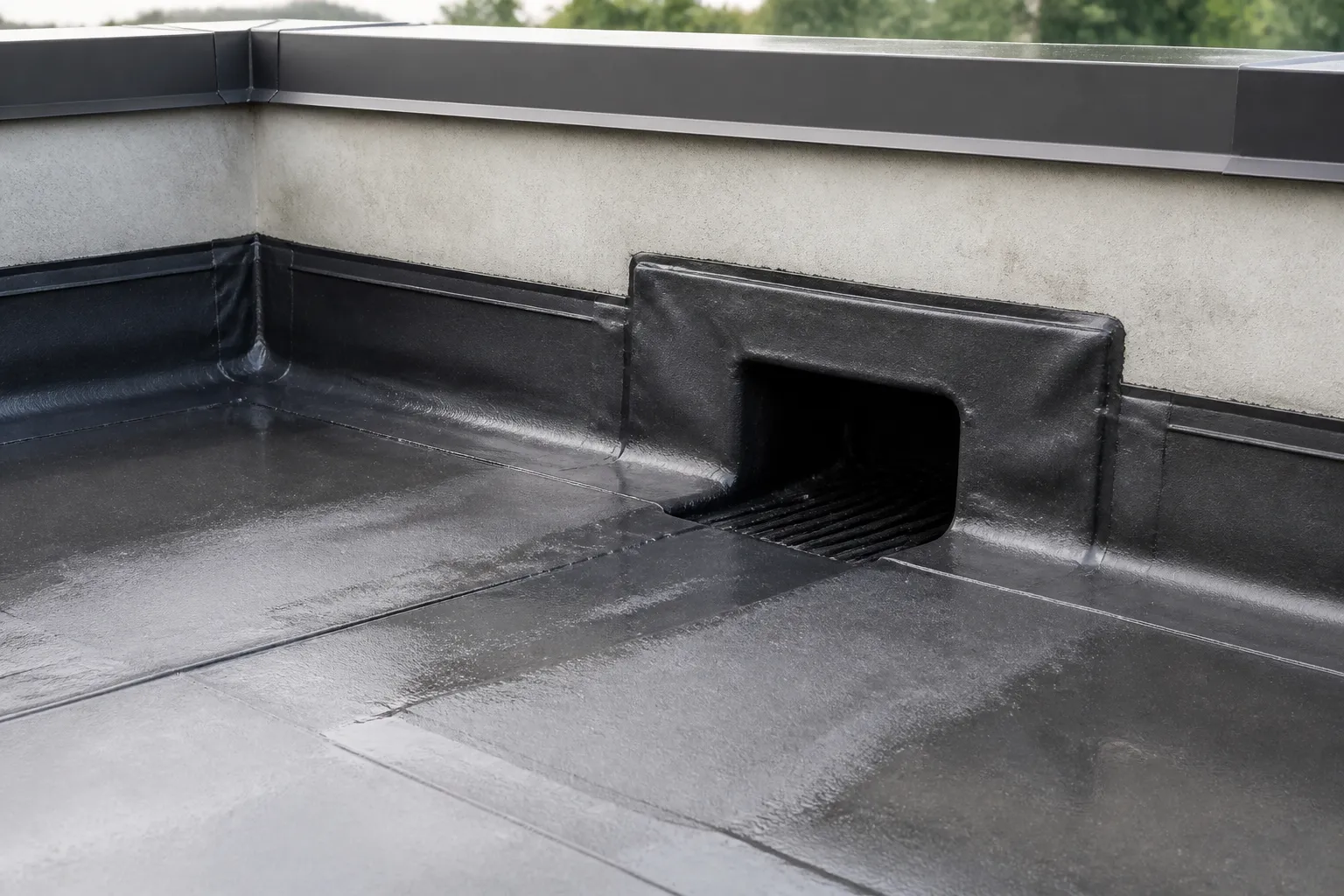 Commercial roof drain and membrane flashing detail for reviewing water flow and roof transitions